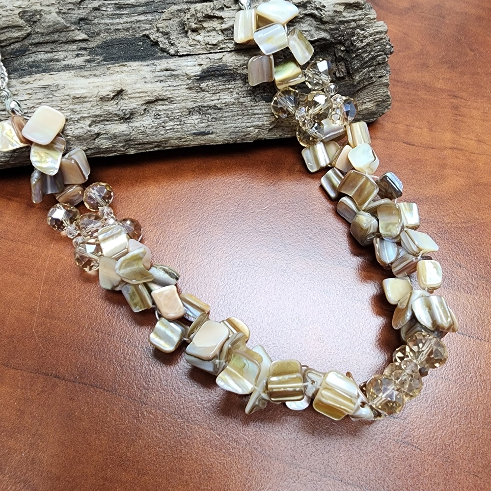 MOP Shell and Crystal Glass Beads On A Silver-Toned Double Chain Necklace